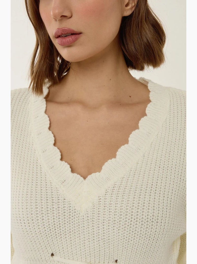 Pull col v tranché avec détails noués hiccup Beige naturel - Kiabi