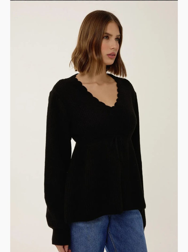 Pull col v tranché avec détails noués hiccup Noir - Kiabi