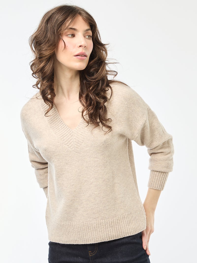 Pull col V uni Beige - Kiabi