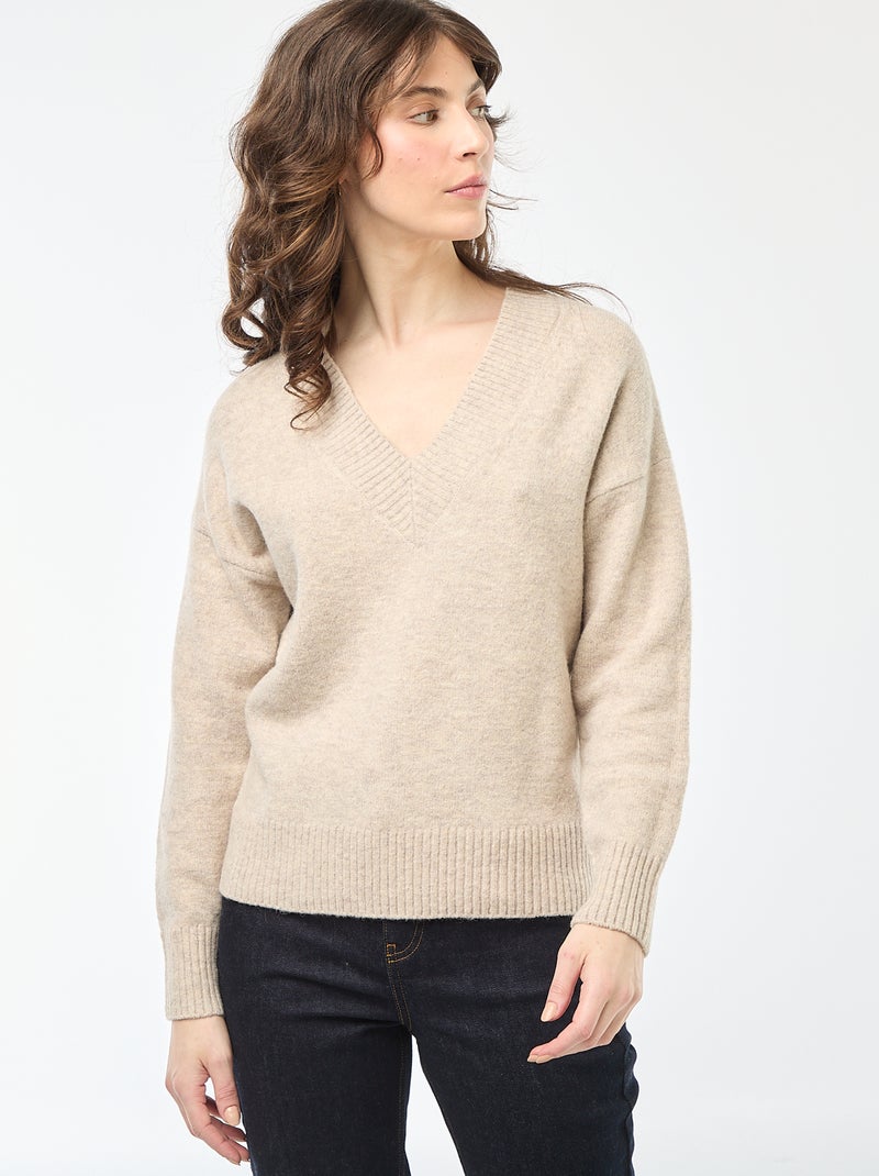 Pull col V uni Beige - Kiabi