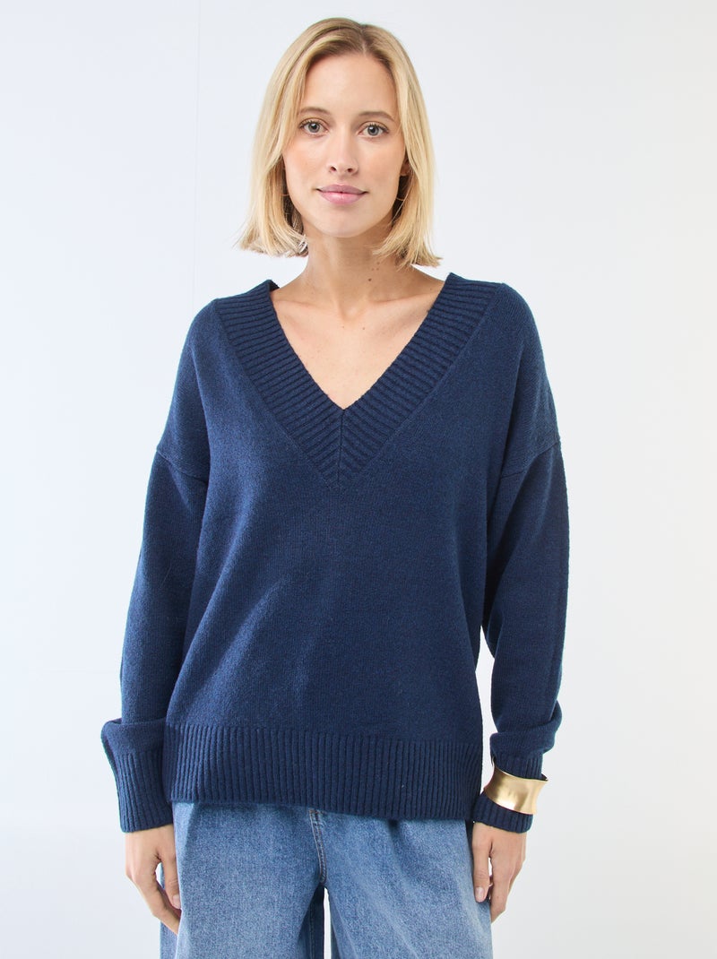 Pull col V uni Bleu - Kiabi