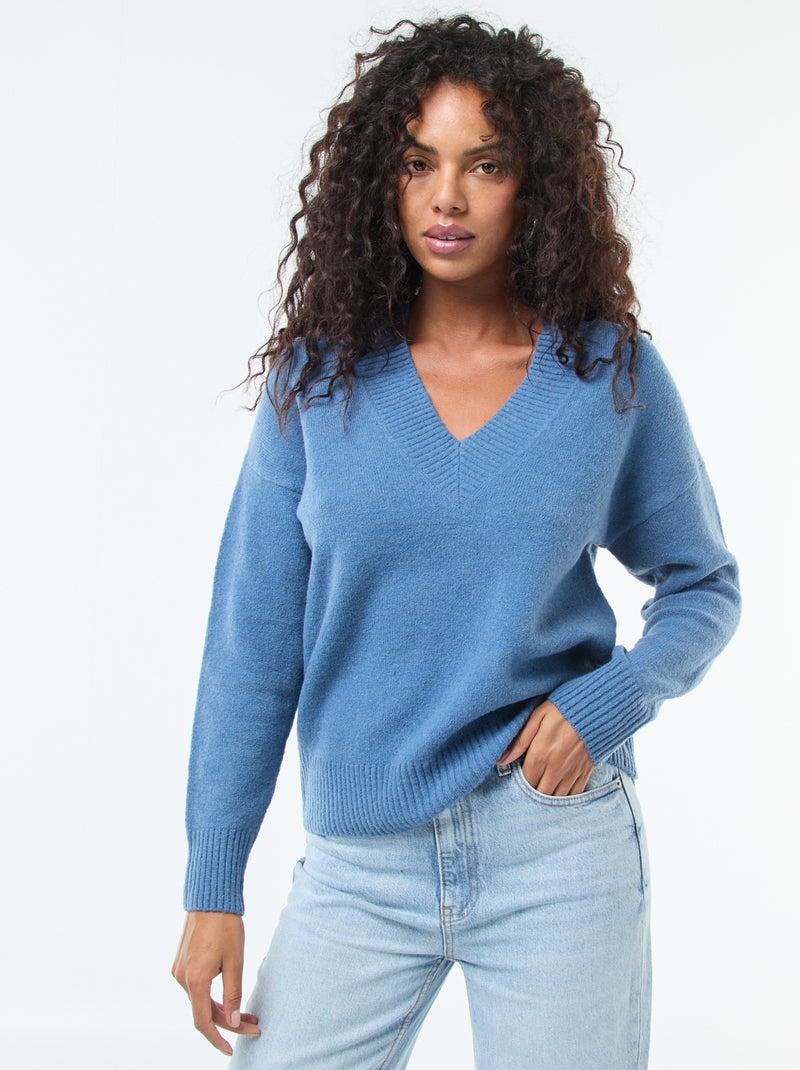Pull col V uni Bleu - Kiabi
