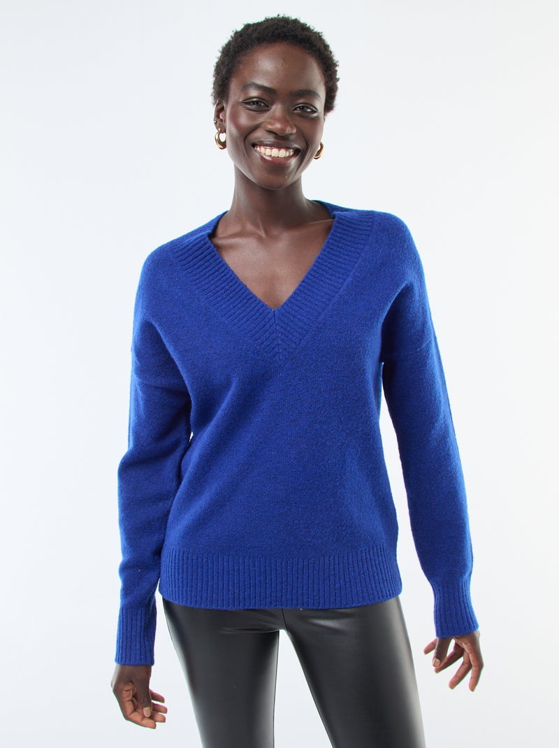 Pull col V uni Bleu - Kiabi