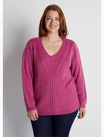 Pull col V uni maille fantaisie