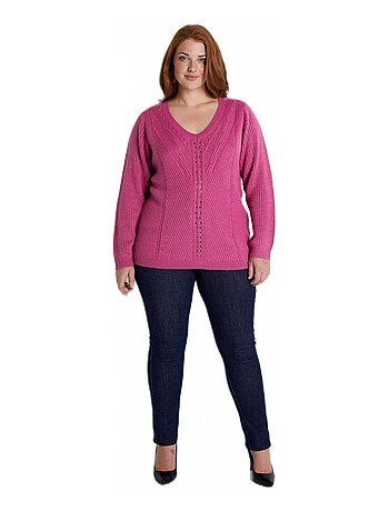 Pull col V uni maille fantaisie