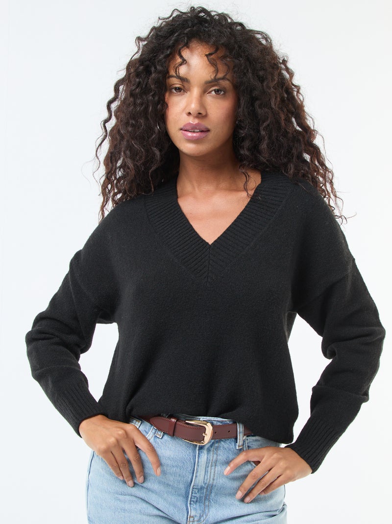 Pull col V uni Noir Femme Kiabi