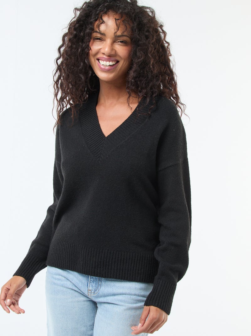 Pull col V uni Noir - Kiabi