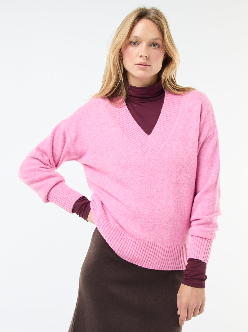 Pull col V uni Rose - Kiabi