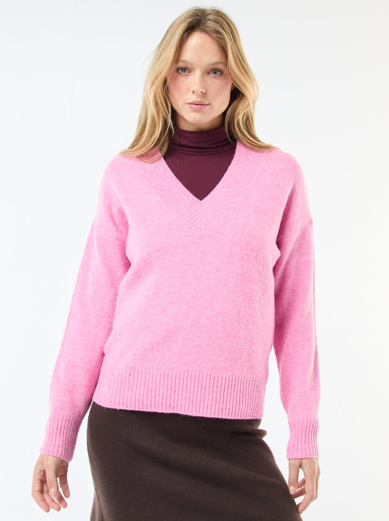Pull col V uni Rose - Kiabi