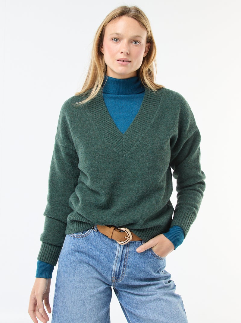 Pull col V uni Vert - Kiabi
