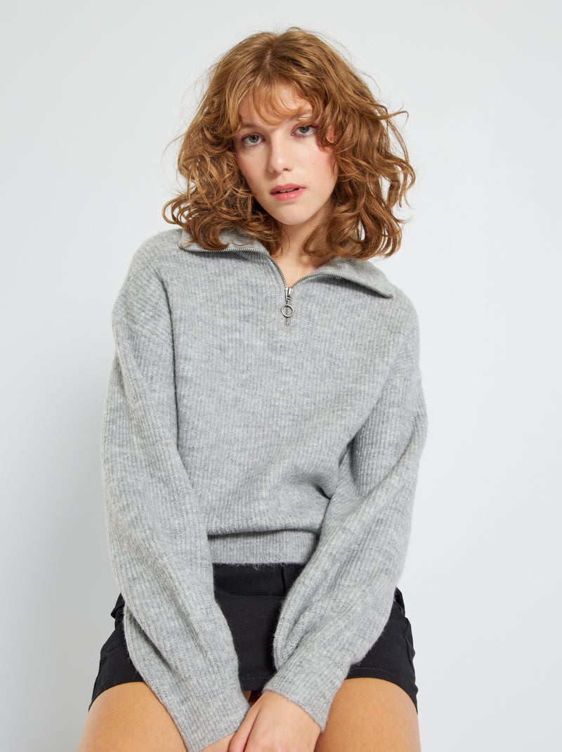 Pull col zippé gris - Kiabi