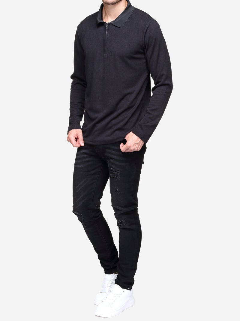 Pull colo polo zippé Noir - Kiabi