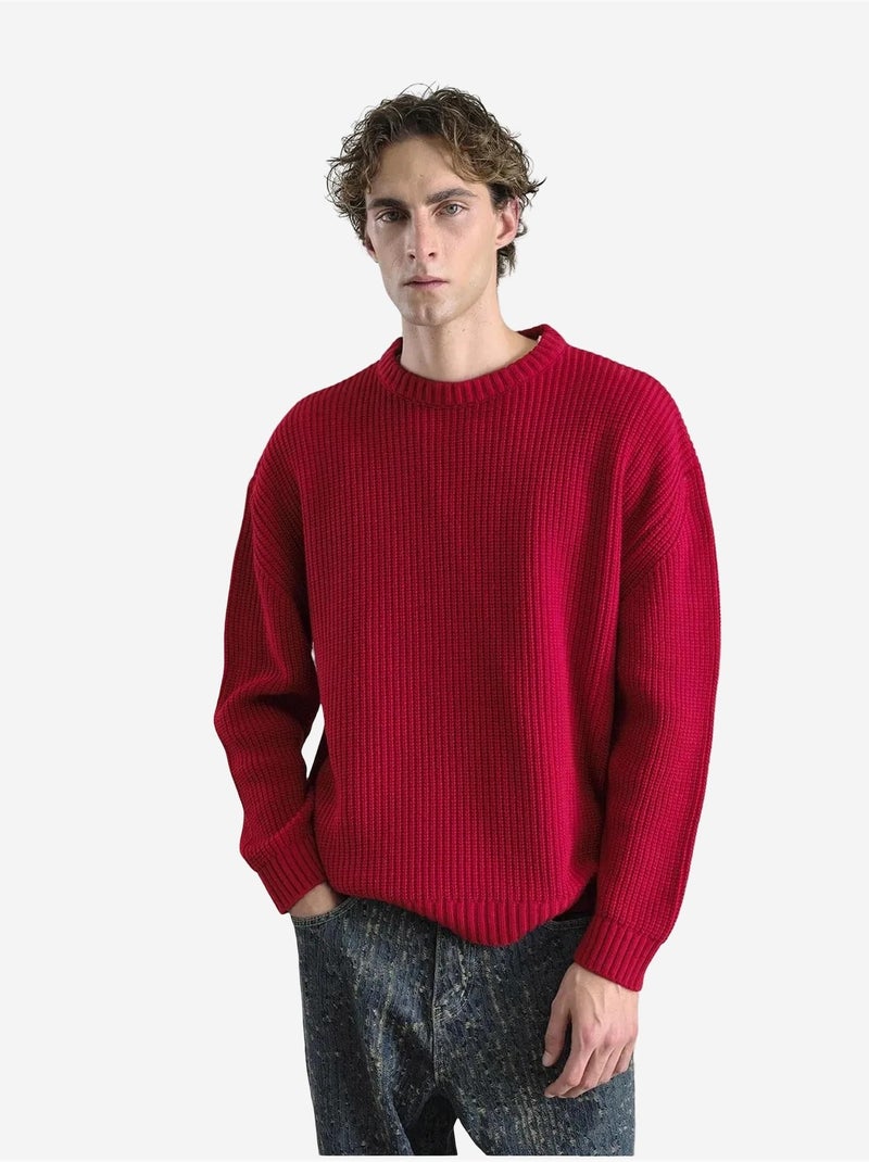 Pull comfort fit en maille côtelée à col rond giesto Rouge - Kiabi