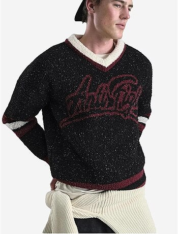Pull comfort fit en maille épaisse à col en v avec imprimé devise giesto