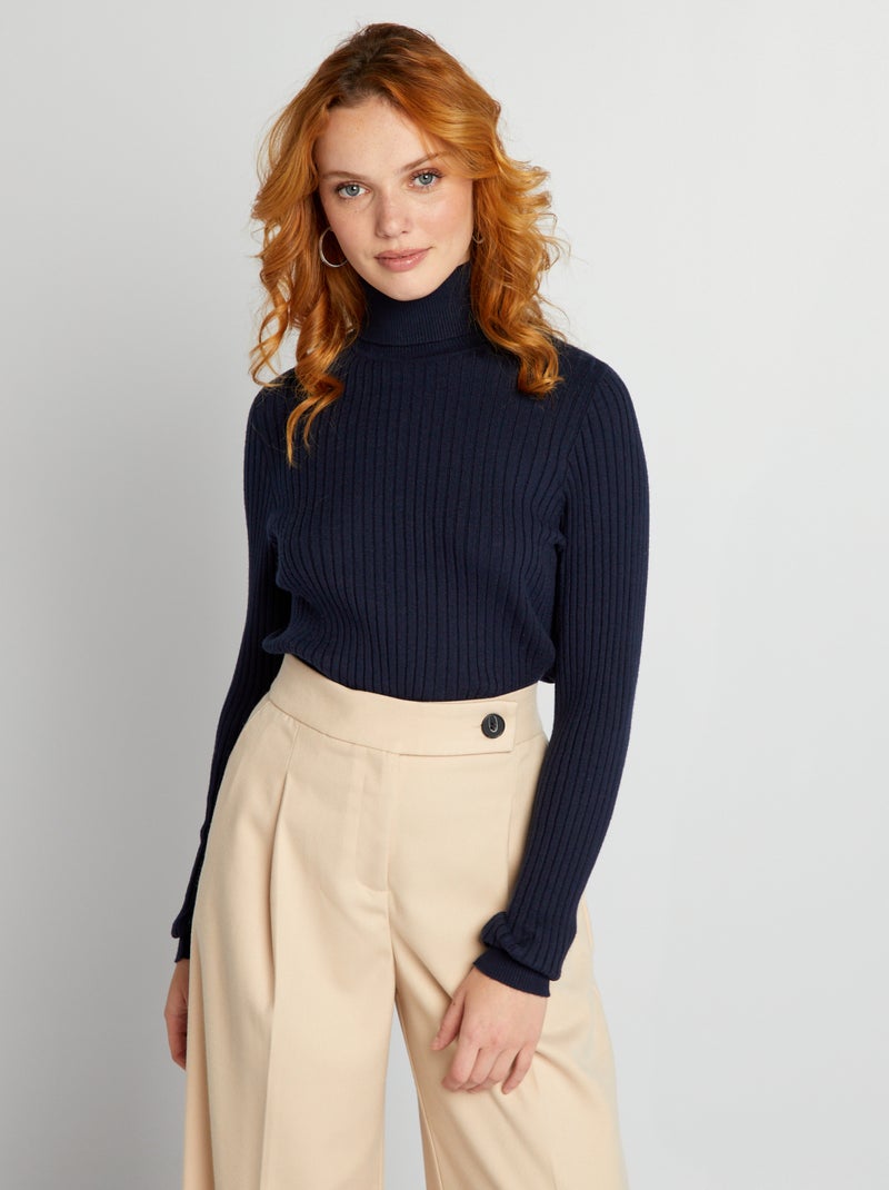Pull côtelé à col montant Bleu marine - Kiabi