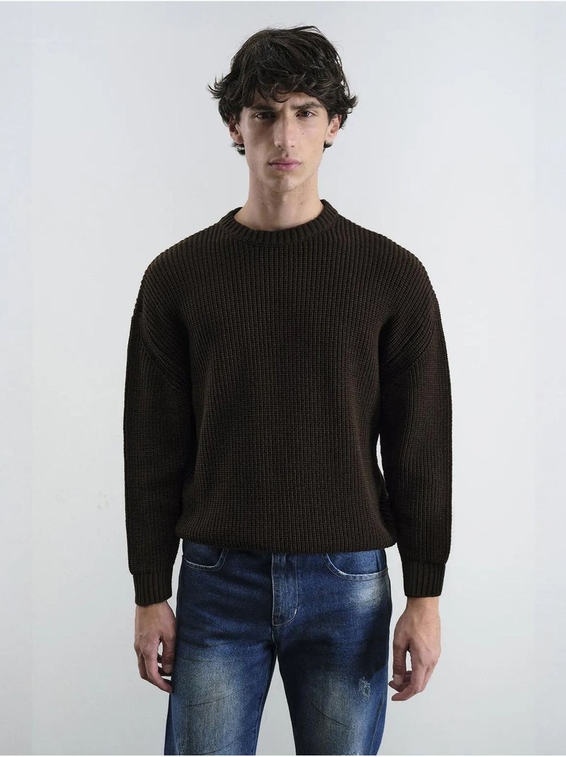 Pull côtelé à col rond giesto comfort fit Marron foncé - Kiabi