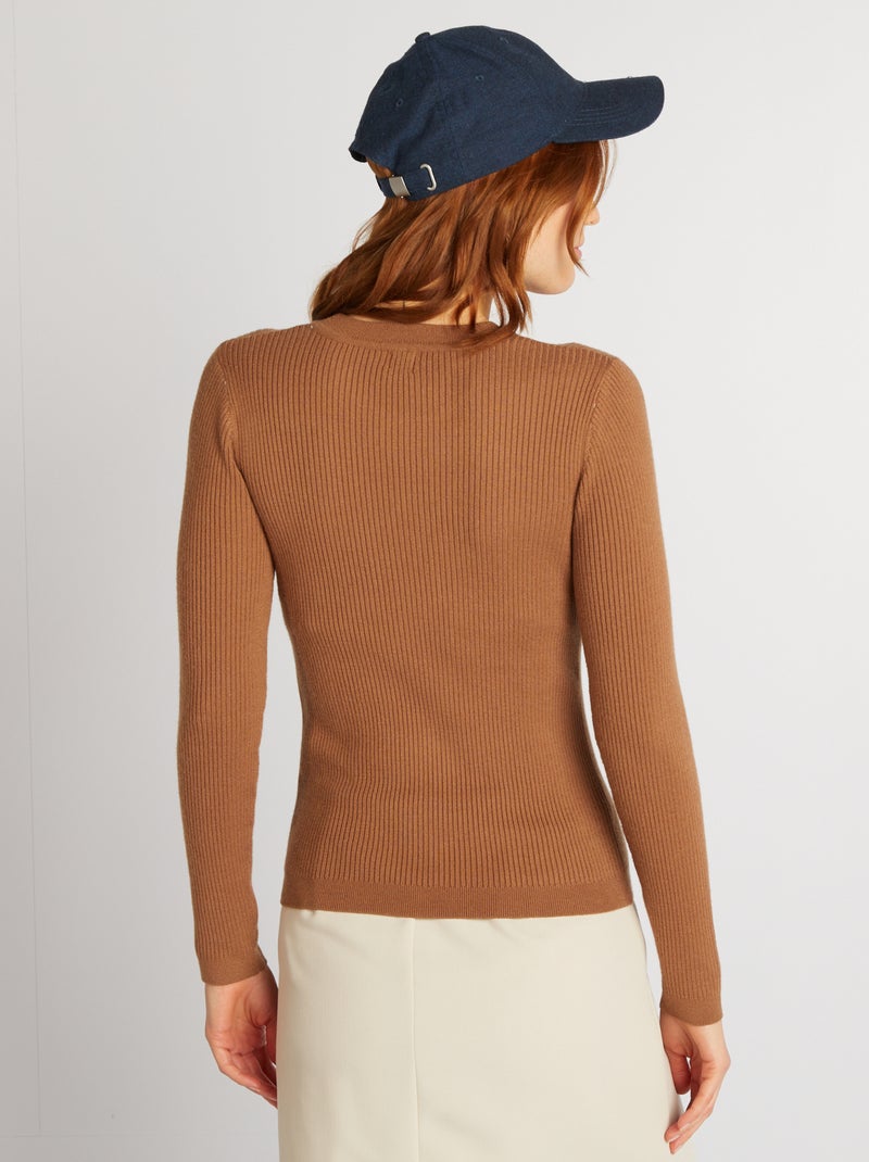 Pull côtelé à col rond Marron - Kiabi