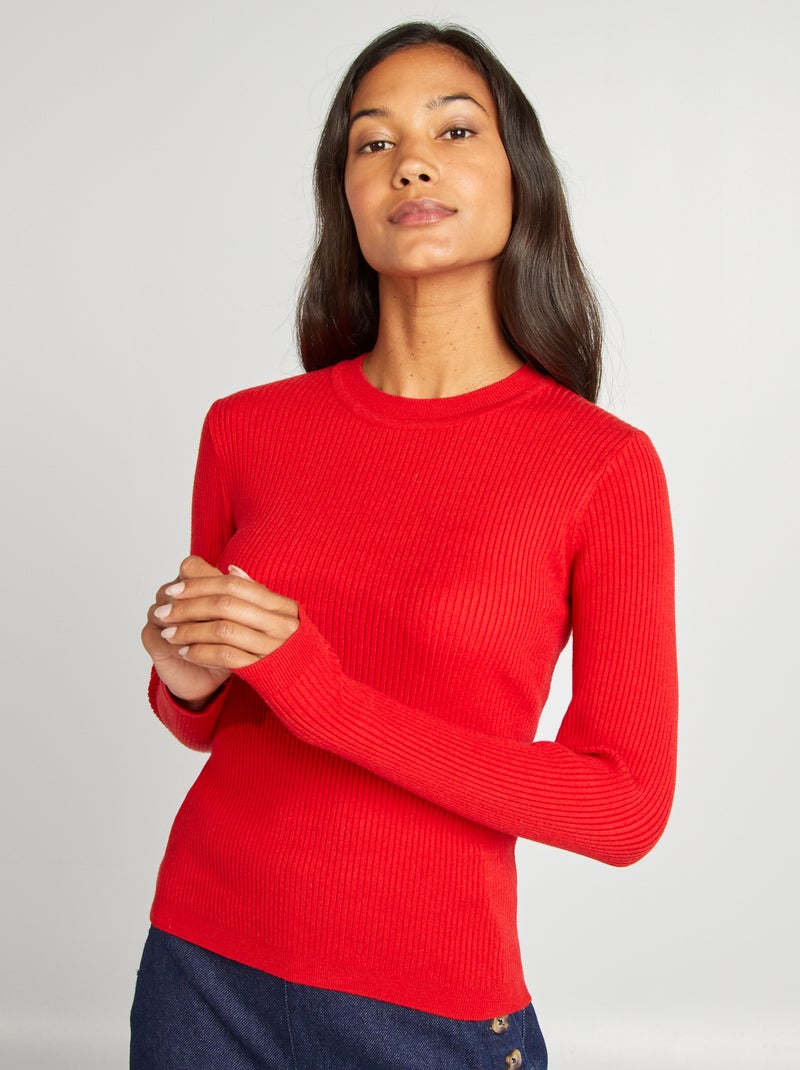 Pull côtelé à col rond Rouge - Kiabi