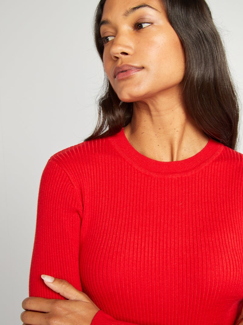 Pull côtelé à col rond Rouge - Kiabi