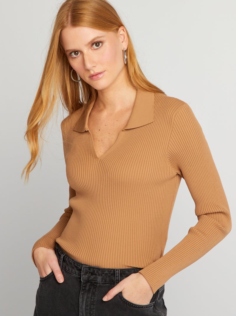 Pull côtelé à col V Beige - Kiabi