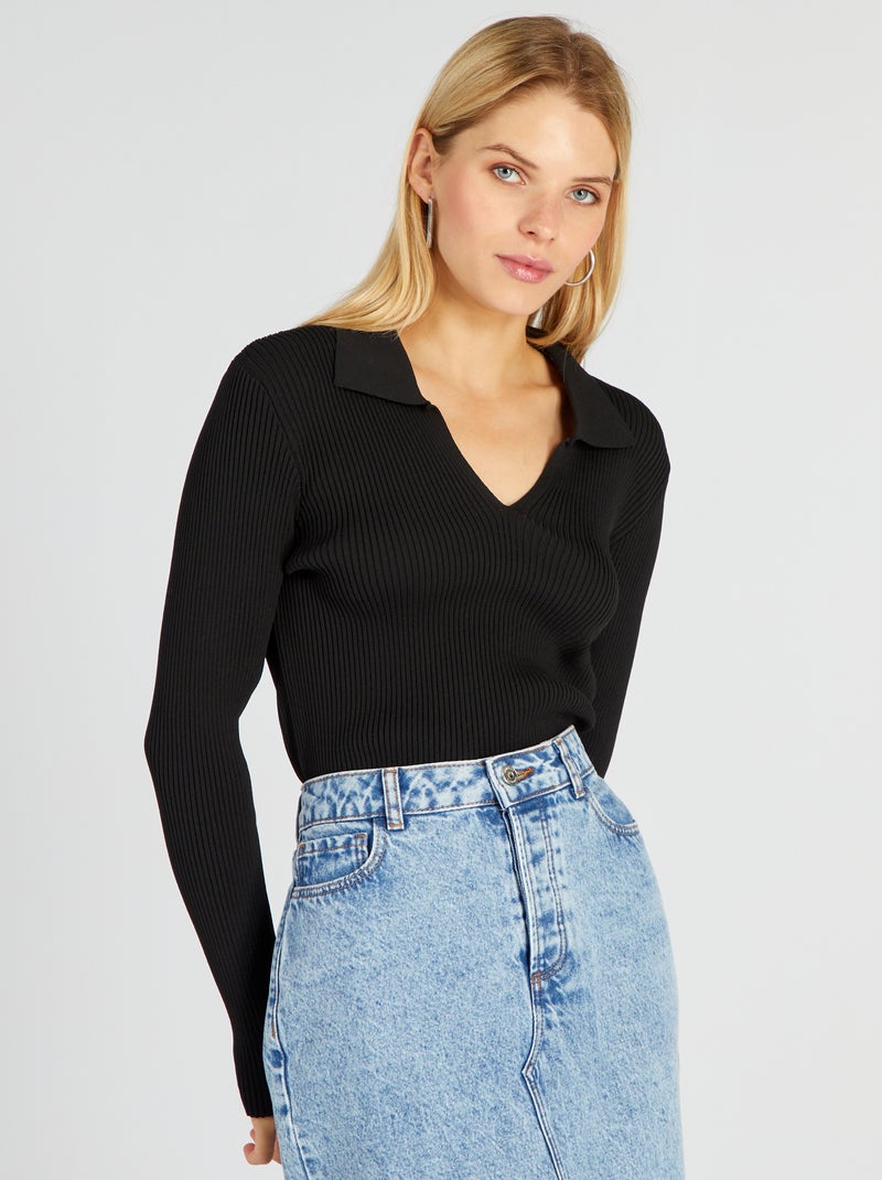 Pull côtelé à col V noir - Kiabi