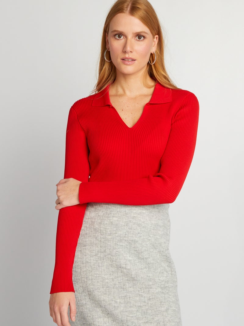 Pull côtelé à col V Rouge - Kiabi