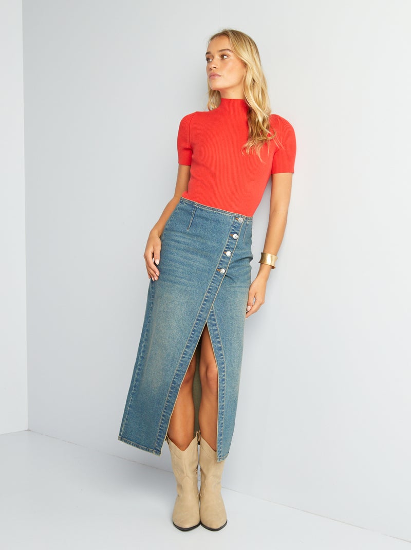 Pull côtelé à manches courtes rouge - Kiabi