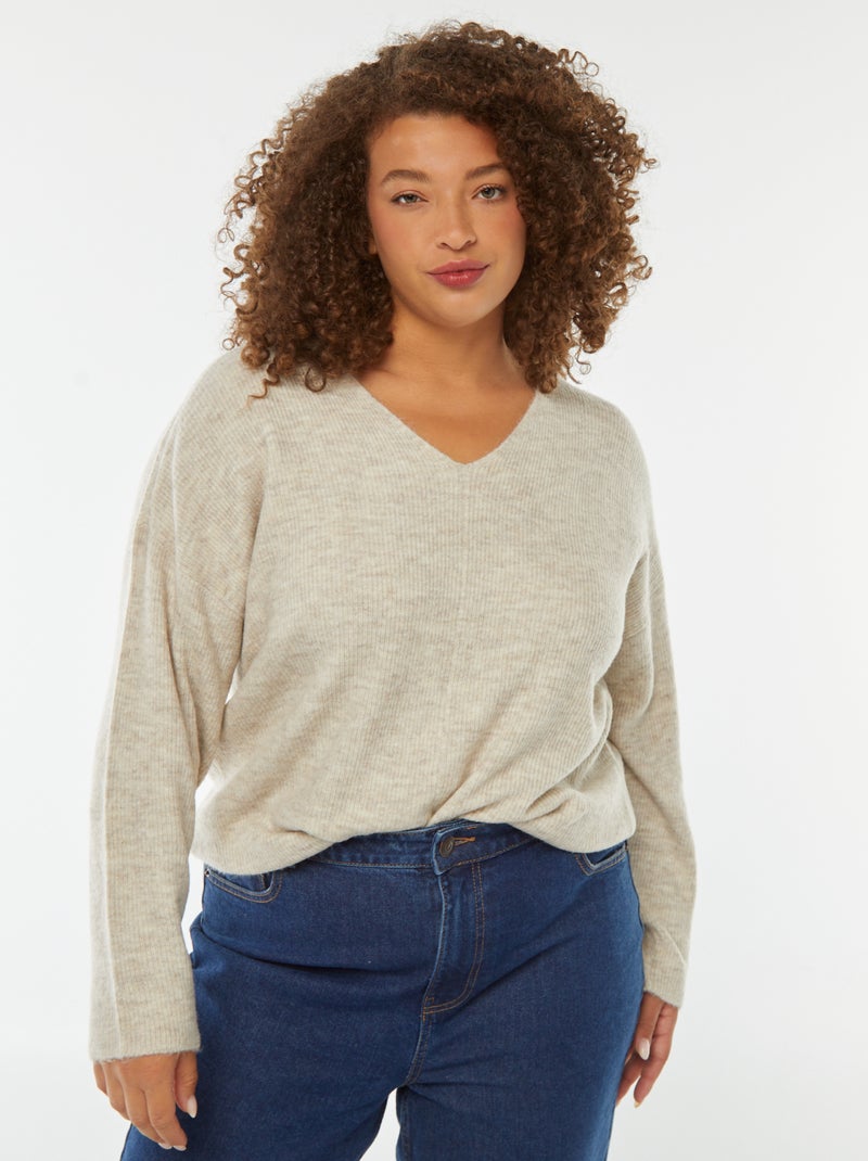 Pull côtelé à manches longues et col V Beige - Kiabi