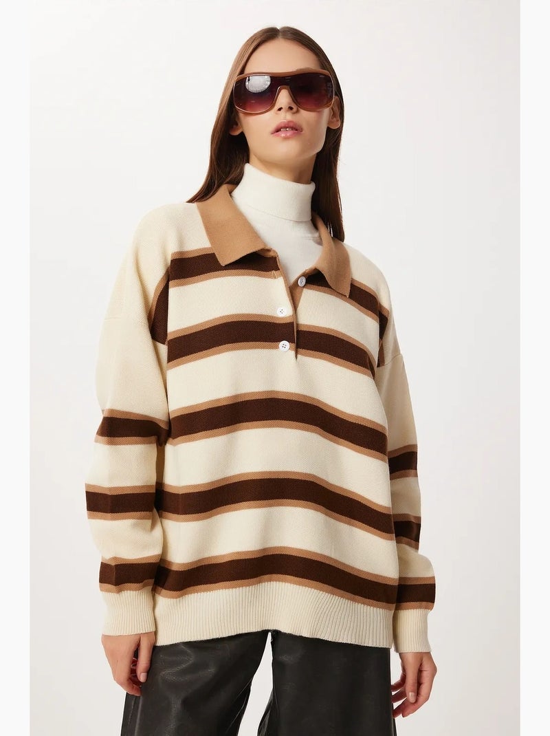 Pull côtelé à rayures avec col polo istanbul Camel - Kiabi
