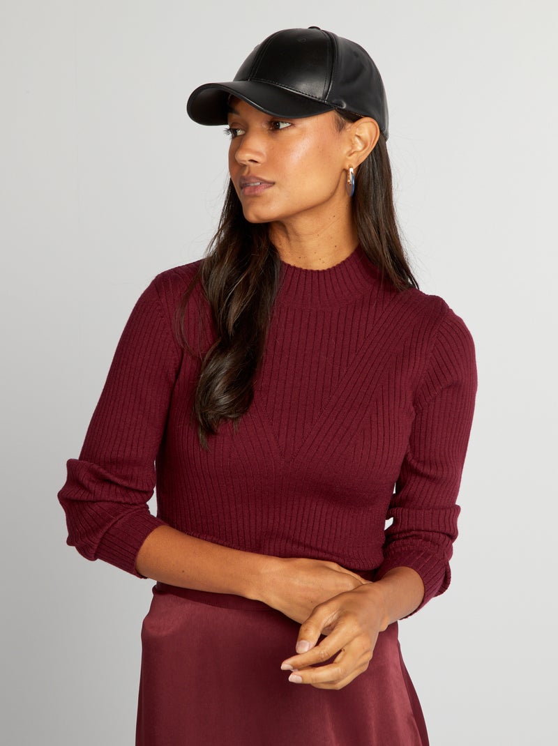 Pull côtelé avec col montant Rouge prune - Kiabi