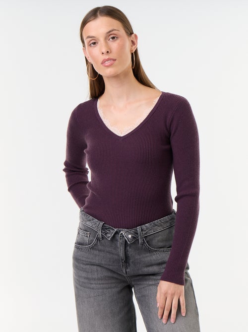 Pull côtelé avec col V avec dentelle - Kiabi Pull côtelé avec col V avec dentelle - Kiabi