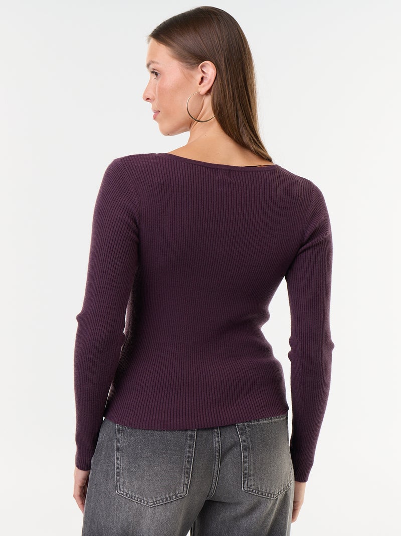 Pull côtelé avec col V avec dentelle Violet - Kiabi