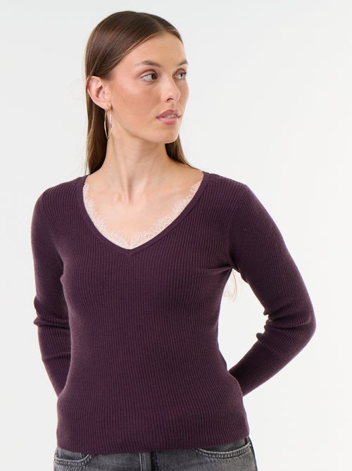 Pull côtelé avec col V avec dentelle - Kiabi Pull côtelé avec col V avec dentelle - Kiabi