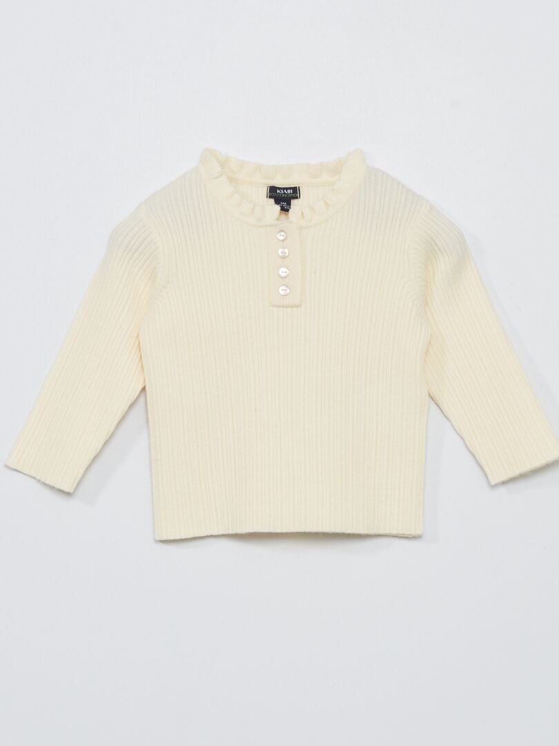Pull côtelé avec col volanté Blanc - Kiabi