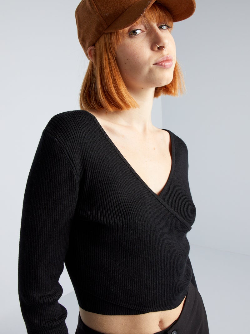 Pull côtelé avec ouverture cache cœur noir - Kiabi