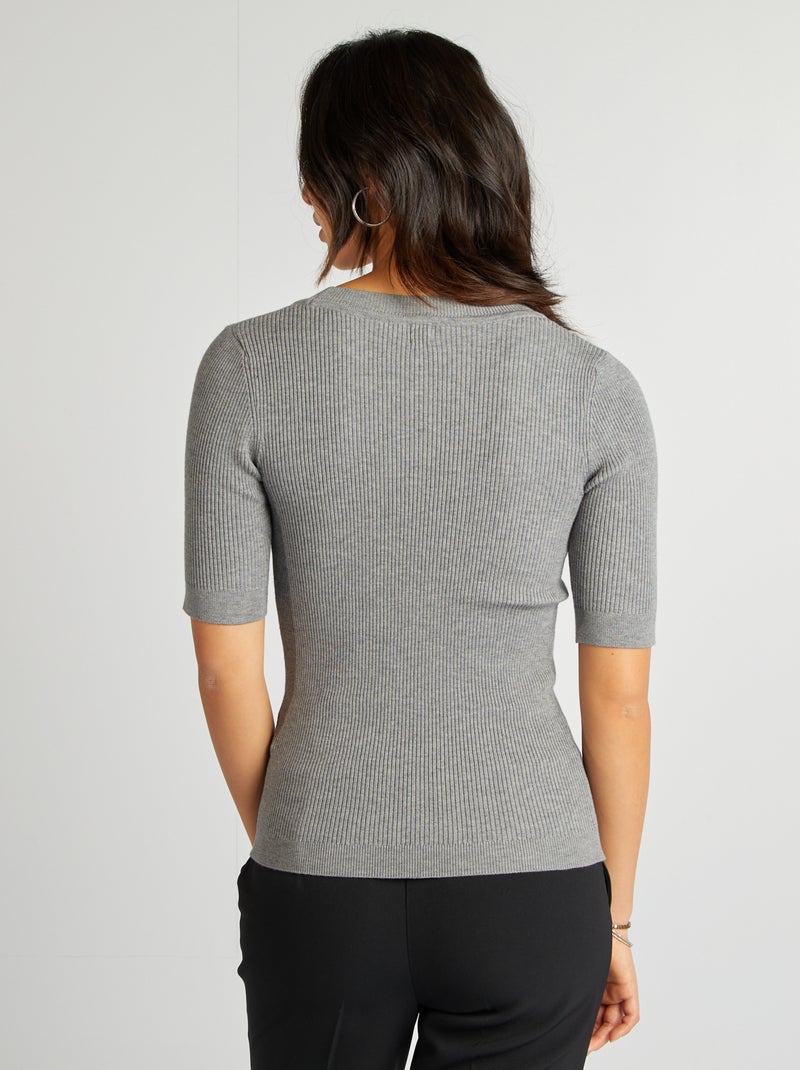 Pull côtelé manches courtes Gris - Kiabi