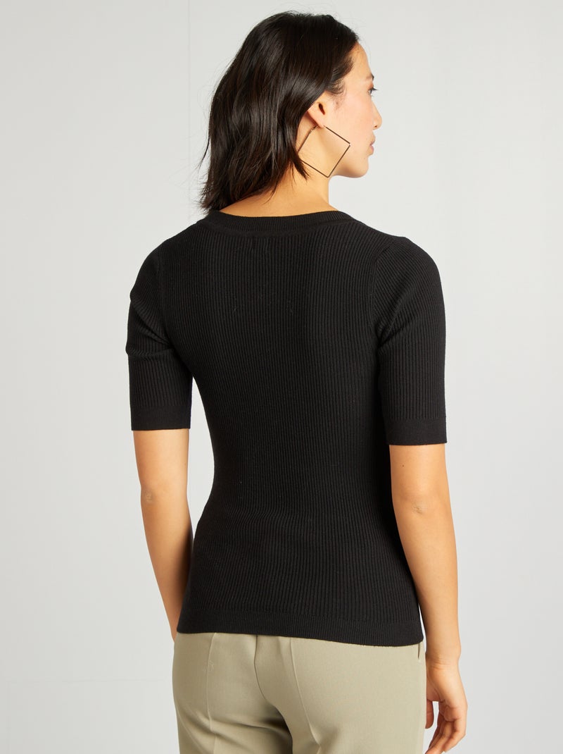 Pull côtelé manches courtes noir - Kiabi