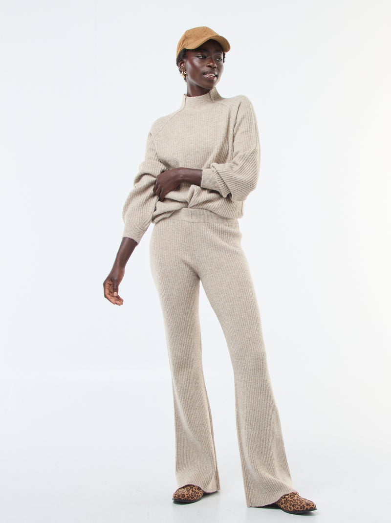 Pull côtelé manches longues et col montant Beige - Kiabi