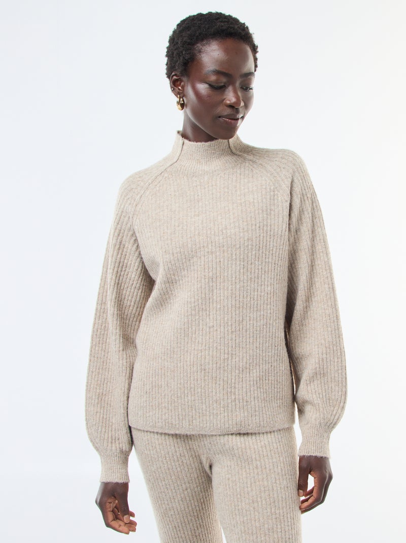 Pull côtelé manches longues et col montant Beige - Kiabi