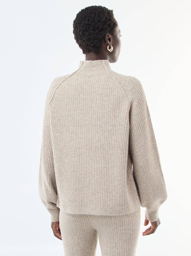 Pull côtelé manches longues et col montant Beige - Kiabi