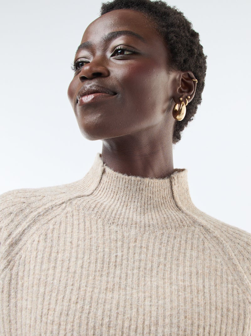 Pull côtelé manches longues et col montant Beige - Kiabi