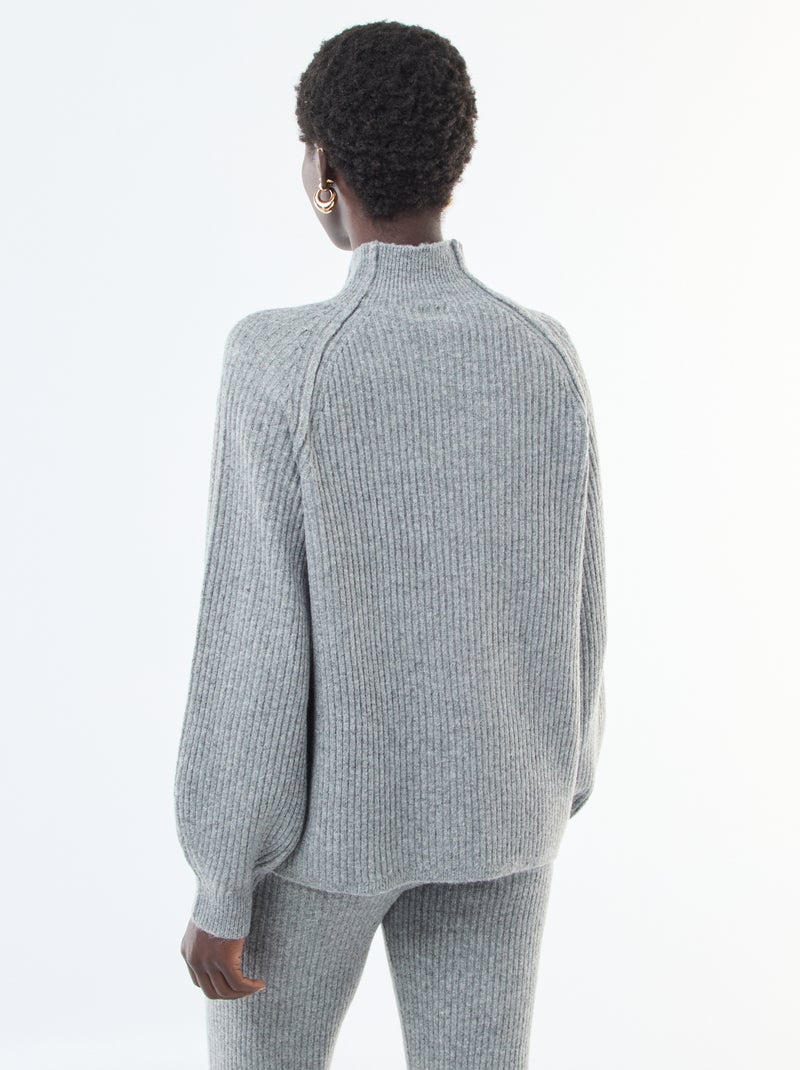 Pull côtelé manches longues et col montant Gris - Kiabi