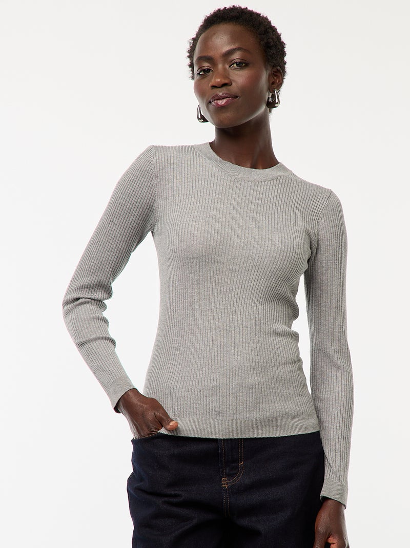 Pull côtelé manches longues Gris - Kiabi
