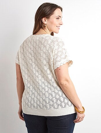 Pull coton court col rond ajouré effet crochet - Afibel