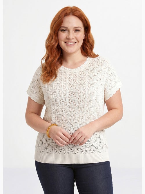 Pull coton court col rond ajouré effet crochet - Afibel - Kiabi