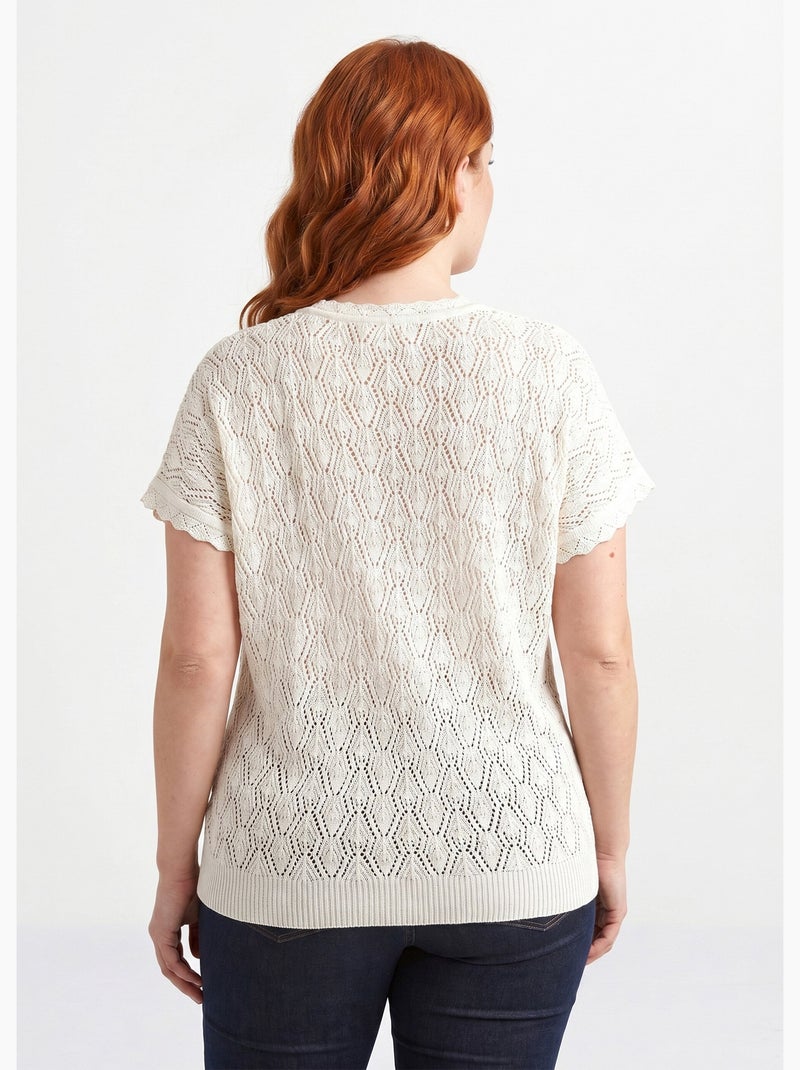 Pull coton court col rond ajouré effet crochet - Afibel Ecru - Kiabi