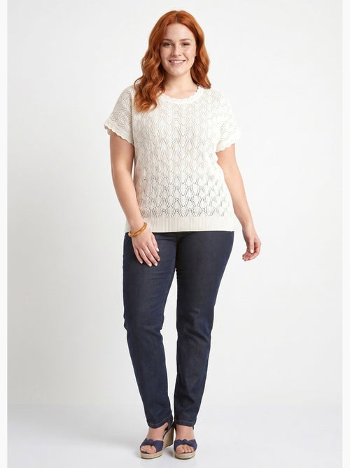 Pull coton court col rond ajouré effet crochet - Afibel - Kiabi