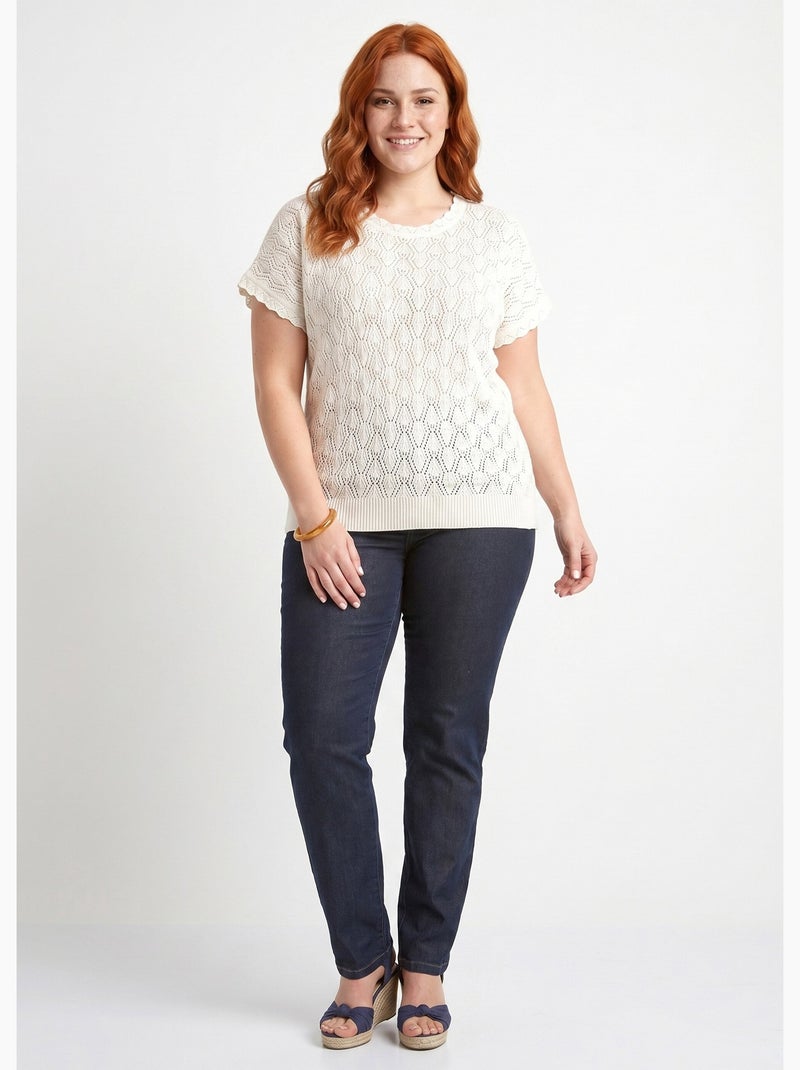 Pull coton court col rond ajouré effet crochet - Afibel Ecru - Kiabi