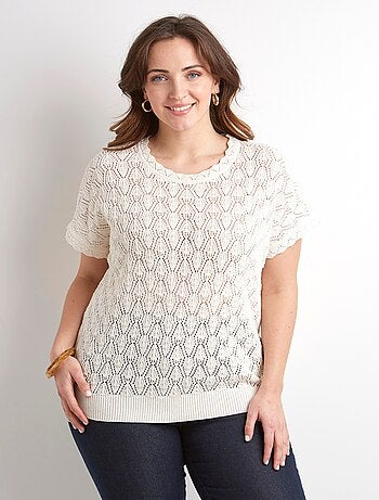 Pull coton court col rond ajouré effet crochet