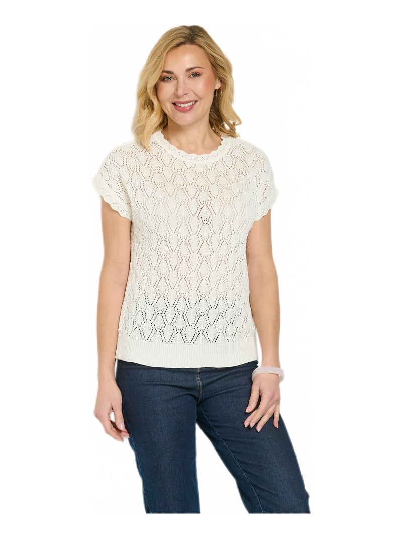 Pull coton court col rond ajouré effet crochet Ecru - Kiabi